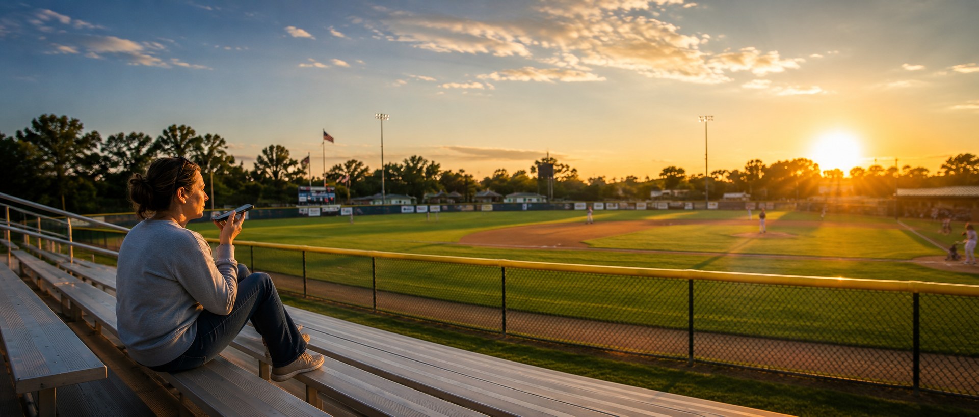 A parent recording a story on her phone from the bleachers at sunset