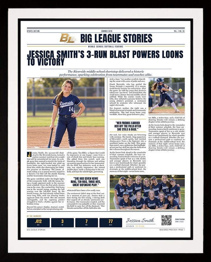 Framed Article, Classic style — a newspaper feature in a black frame