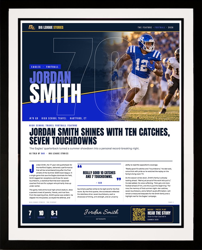 Framed Article, Magazine style — a football feature with a big action photo and a shorter story in a black frame