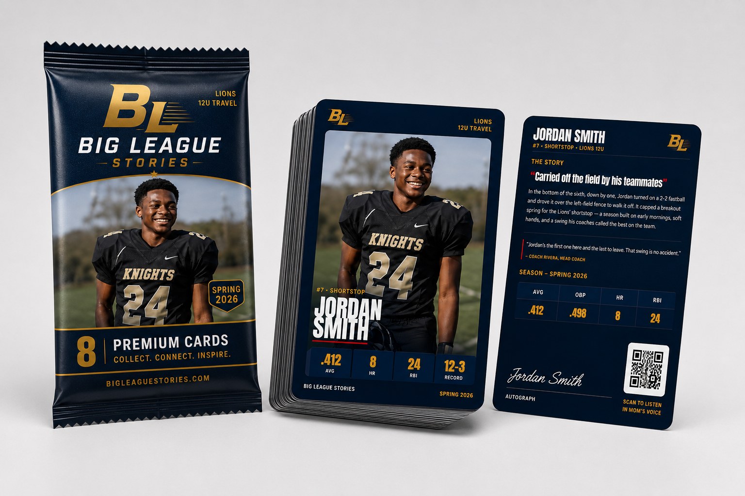 Big League Stories trading card pack — 8 premium cards